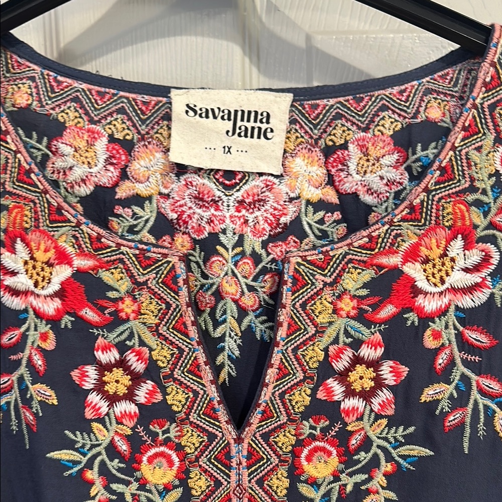 Savanna Jane Blue Embellished Blouse with Pink Floral Design